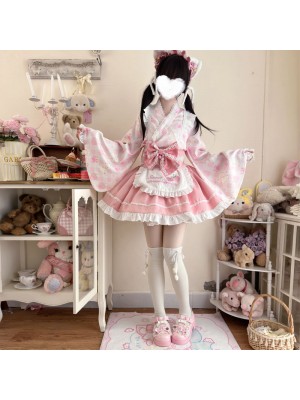 【Summer cute Cat】~Lolita~Pink Japanesestyle Maid Dress