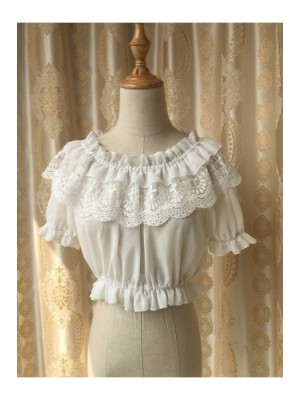 Puff Sleeve Ruffle Chiffon Collar/Boat Neck Short Blouse