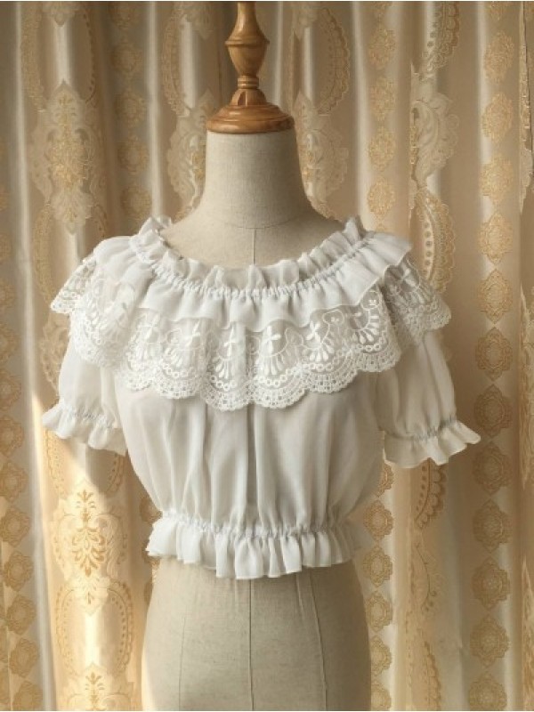 Puff Sleeve Ruffle Chiffon Collar/Boat Neck Short Blouse