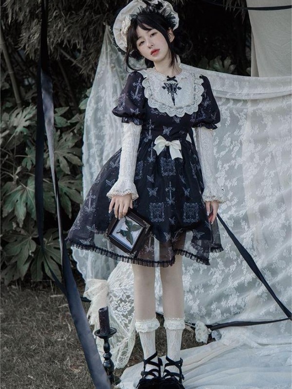 【Twilight Butterfly】~Natural fluffy Onepiece~Embroidery and printing Dismantling sleeve~Four seasons