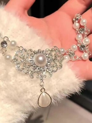 [teardrop choker] Pearl & rhinestone tassel pendant necklace