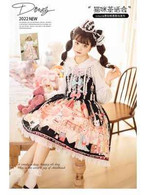 Zhijinyuan - Cat Tea Party Suspender Skirt