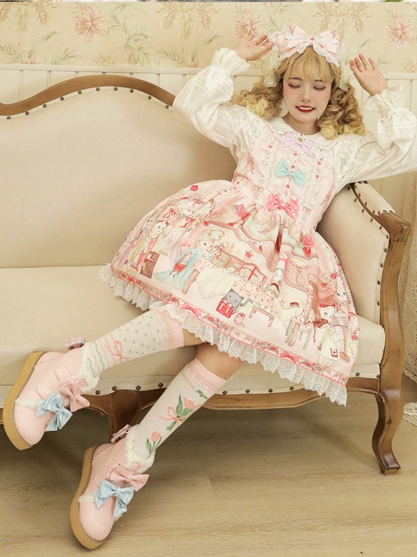 Zhijinyuan - Cat Tea Party Suspender Skirt Zhijinyuan - Cat Tea Party Suspender Skirt