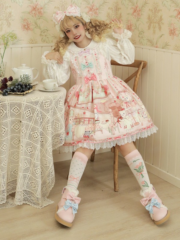 Zhijinyuan - Cat Tea Party Suspender Skirt Zhijinyuan - Cat Tea Party Suspender Skirt
