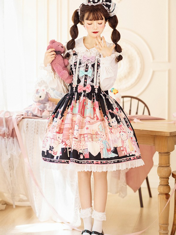 Zhijinyuan - Cat Tea Party Suspender Skirt Zhijinyuan - Cat Tea Party Suspender Skirt