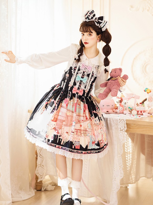 Zhijinyuan - Cat Tea Party Suspender Skirt Zhijinyuan - Cat Tea Party Suspender Skirt