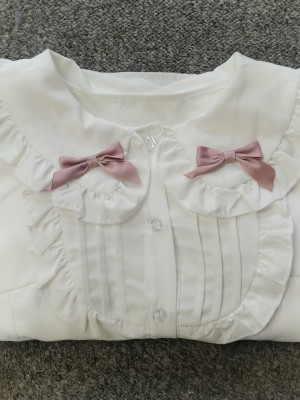 Pink bow collar lace short sleeves blouse