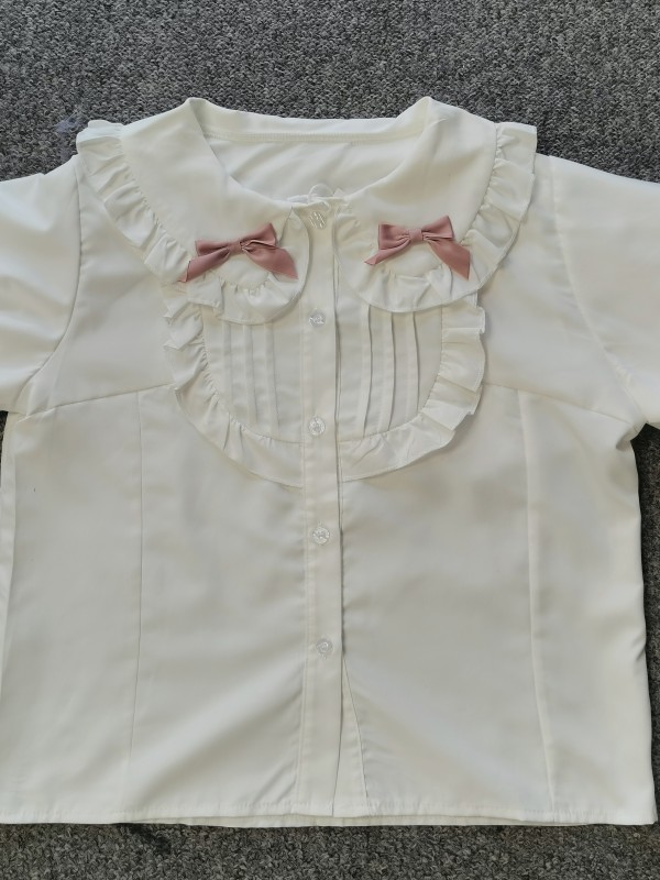 Pink bow collar lace short sleeves blouse Pink bow collar lace short sleeves blouse