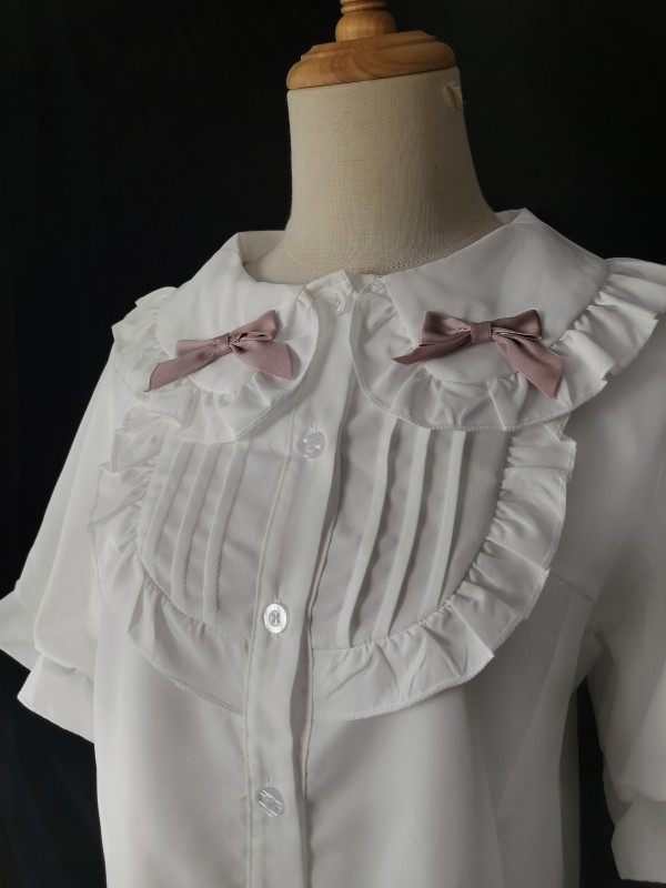 Pink bow collar lace short sleeves blouse Pink bow collar lace short sleeves blouse