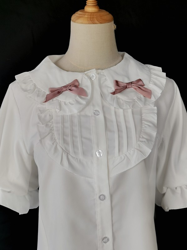 Pink bow collar lace short sleeves blouse Pink bow collar lace short sleeves blouse