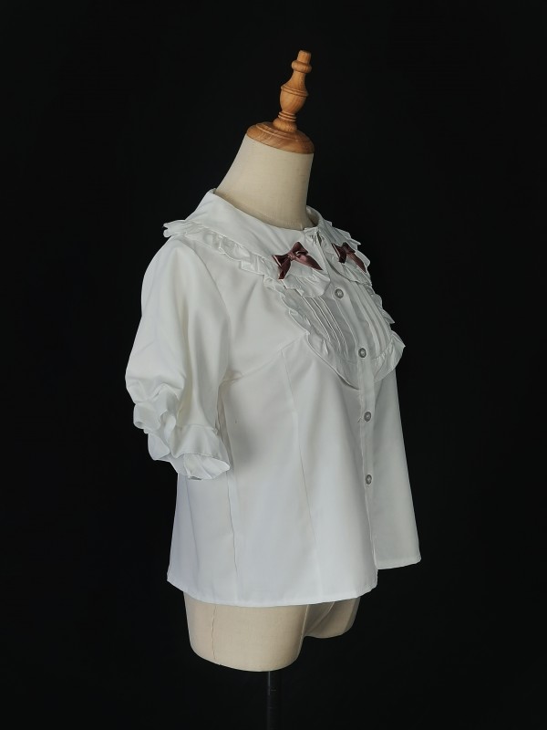 Pink bow collar lace short sleeves blouse Pink bow collar lace short sleeves blouse
