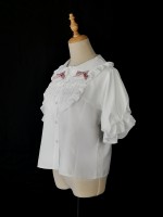 Pink bow collar lace short sleeves blouse Pink bow collar lace short sleeves blouse