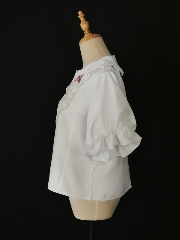Pink bow collar lace short sleeves blouse Pink bow collar lace short sleeves blouse