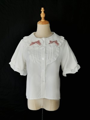 Pink bow collar lace short sleeves blouse