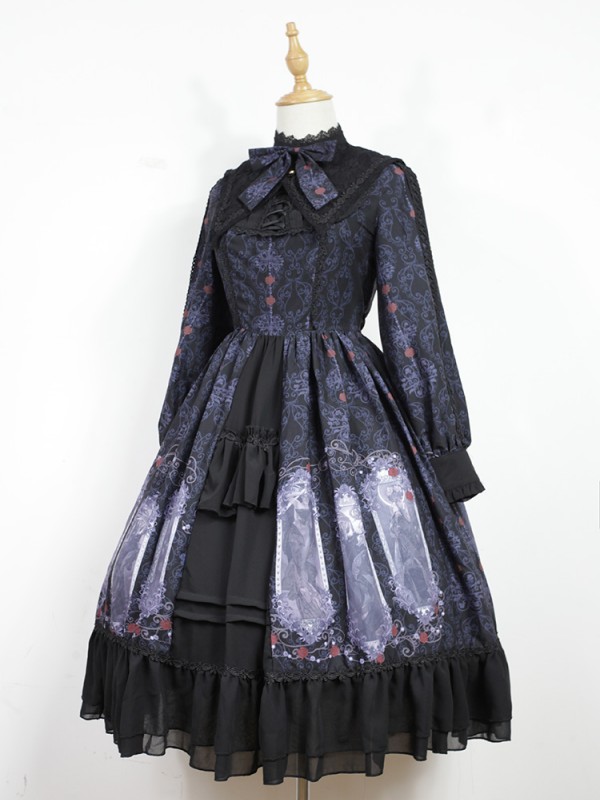 Dark Vintage Nightmare Charm Fake Collar One-piece Lolita OP
