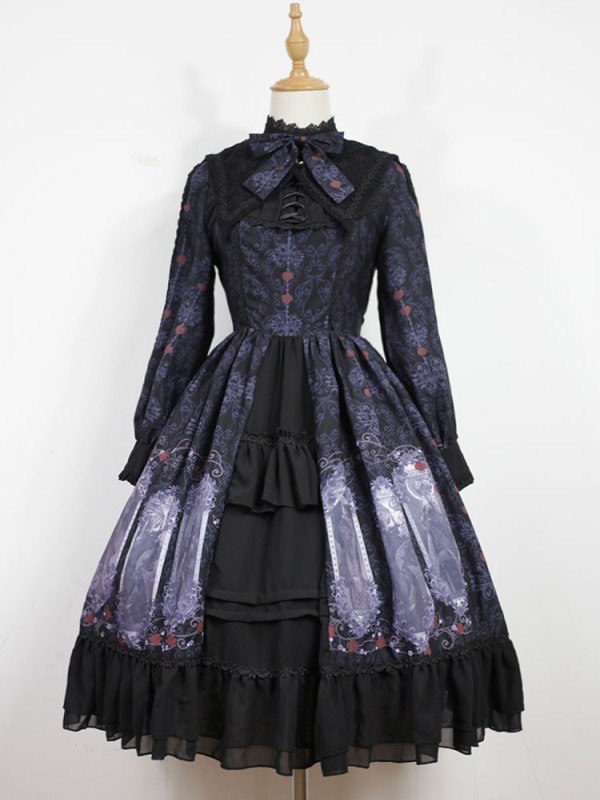Dark Vintage Nightmare Charm Fake Collar One-piece Lolita OP