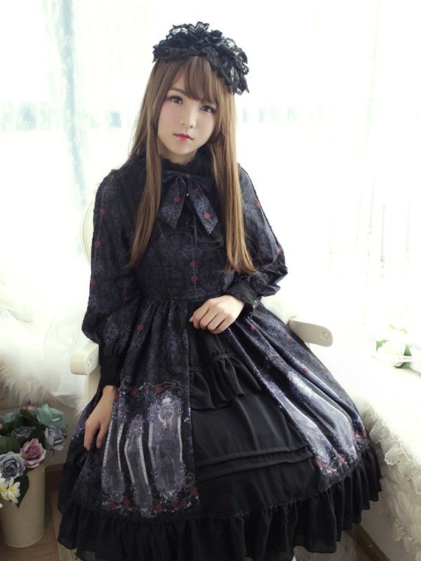 Dark Vintage Nightmare Charm Fake Collar One-piece Lolita OP
