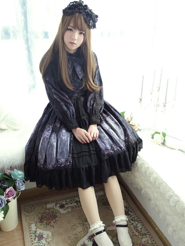 Dark Vintage Nightmare Charm Fake Collar One-piece Lolita OP