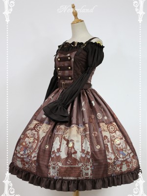 Steampunk Cat Vintage Print  Double Breasted Lolita Jumperskirt