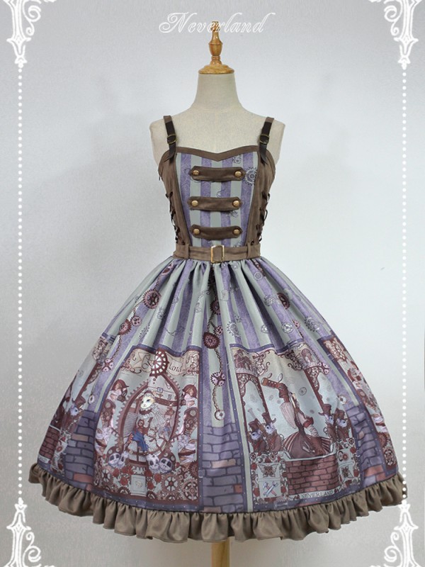 Steampunk Cat Vintage Print  Double Breasted Lolita Jumperskirt