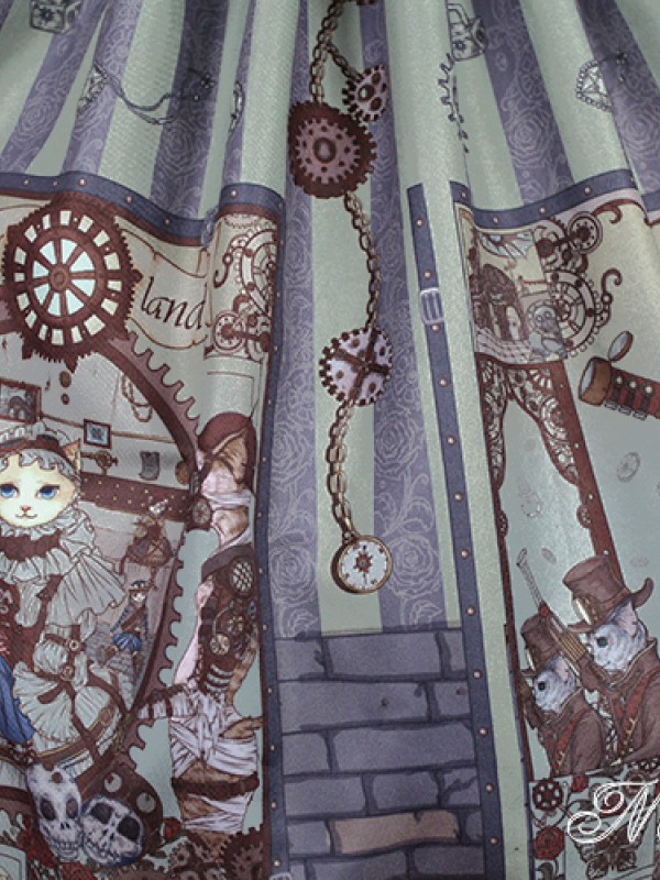 Steampunk Cat Vintage Print  Double Breasted Lolita Jumperskirt