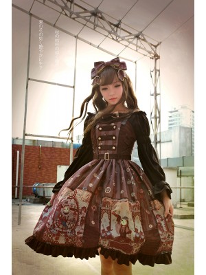 Steampunk Cat Vintage Print  Double Breasted Lolita Jumperskirt