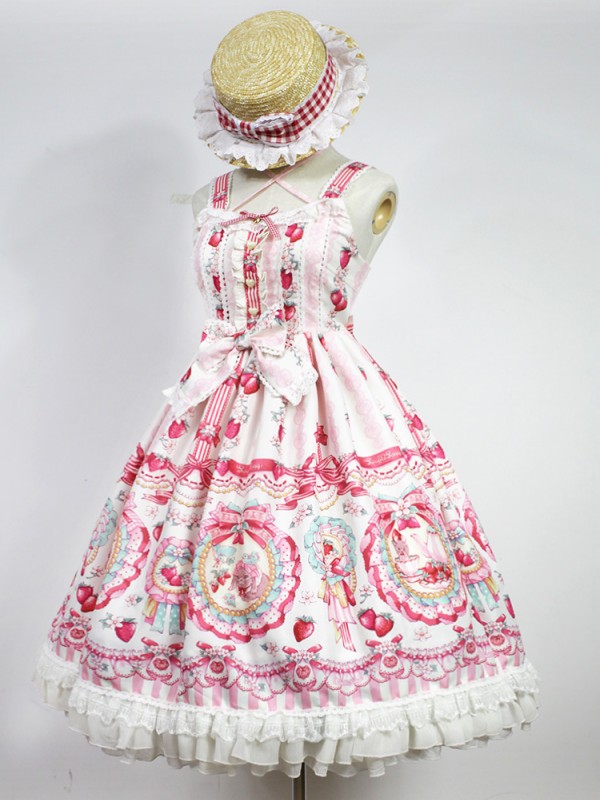 Cute and sweet Strawberry Rabbit Halter Jumperskirt