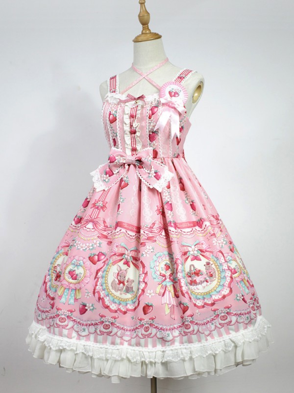 Cute and sweet Strawberry Rabbit Halter Jumperskirt