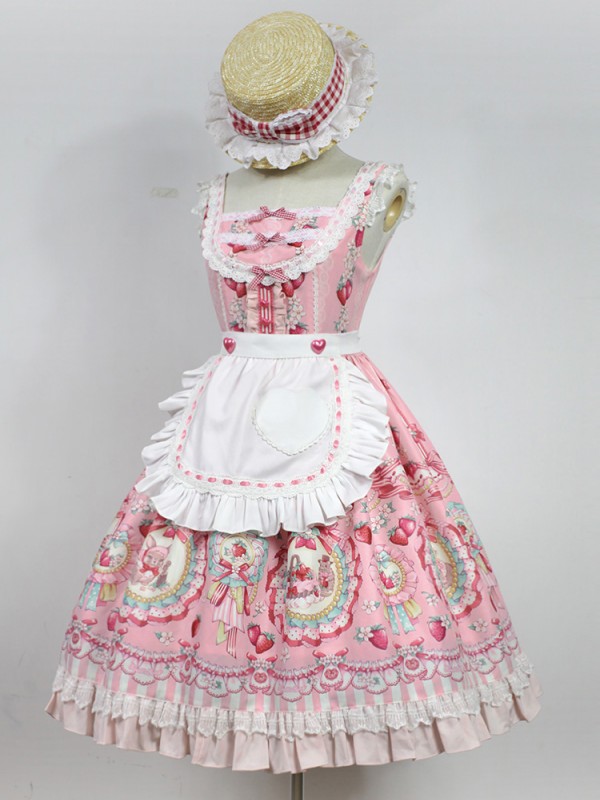 Pink Sweet Strawberry Rabbit Apron Lolita Jumperskirt