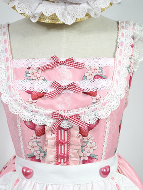 Pink Sweet Strawberry Rabbit Apron Lolita Jumperskirt