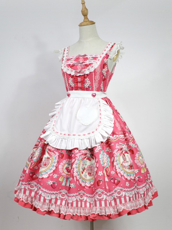 Pink Sweet Strawberry Rabbit Apron Lolita Jumperskirt