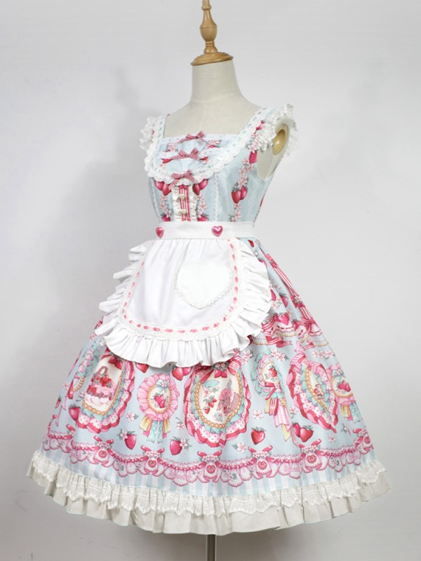 Pink Sweet Strawberry Rabbit Apron Lolita Jumperskirt