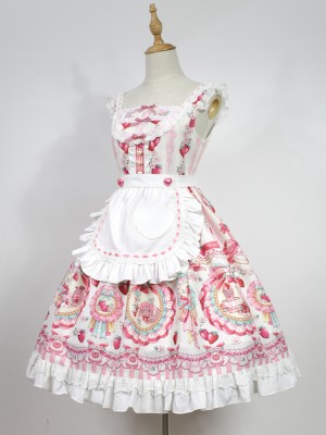 Pink Sweet Strawberry Rabbit Apron Lolita Jumperskirt