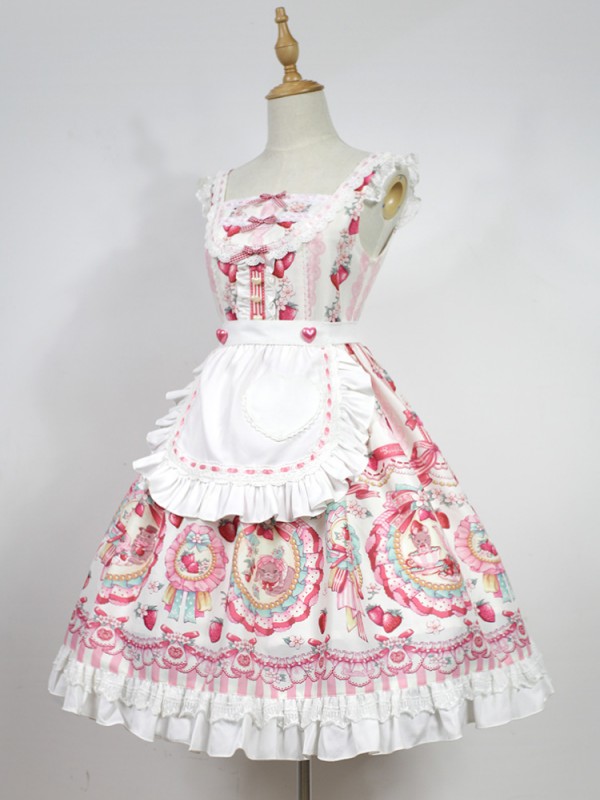 Pink Sweet Strawberry Rabbit Apron Lolita Jumperskirt