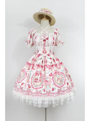 Sweet Strawberry Rabbit Print Short Sleeve Lolita One-piece OP
