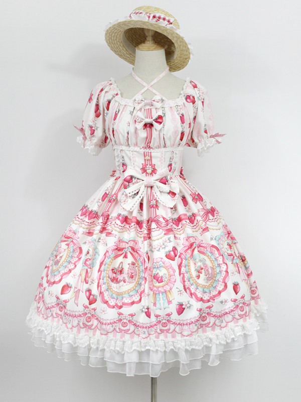 Sweet Strawberry Rabbit Print Short Sleeve Lolita One-piece OP