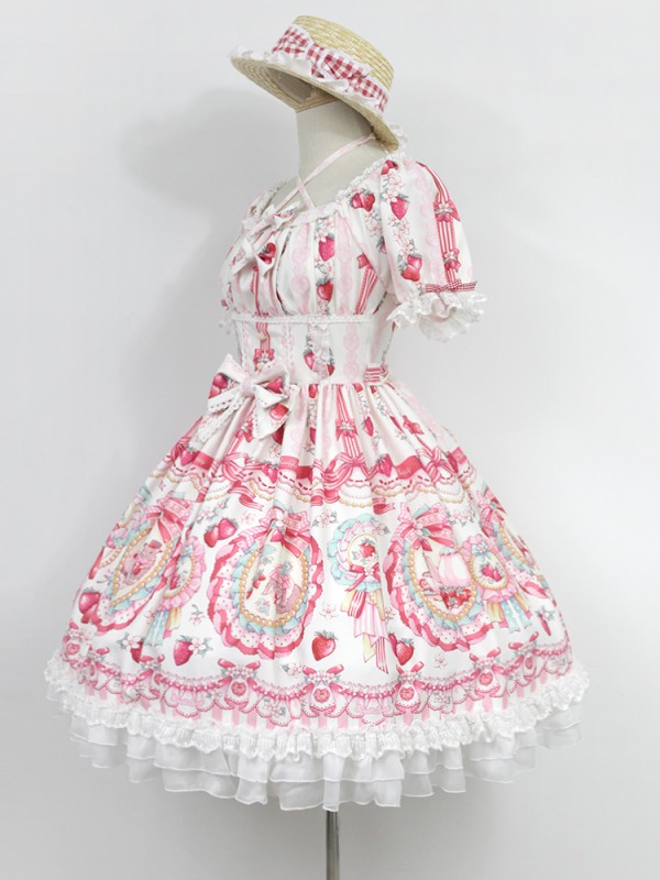 Sweet Strawberry Rabbit Print Short Sleeve Lolita One-piece OP