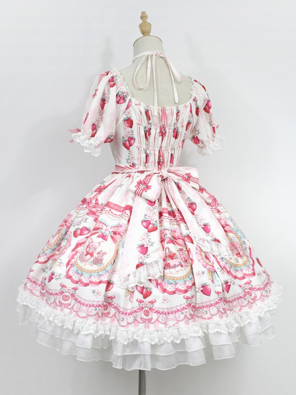 Sweet Strawberry Rabbit Print Short Sleeve Lolita One-piece OP