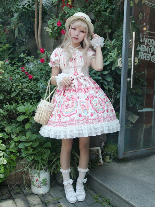 Sweet Strawberry Rabbit Print Short Sleeve Lolita One-piece OP
