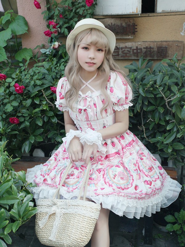 Sweet Strawberry Rabbit Print Short Sleeve Lolita One-piece OP