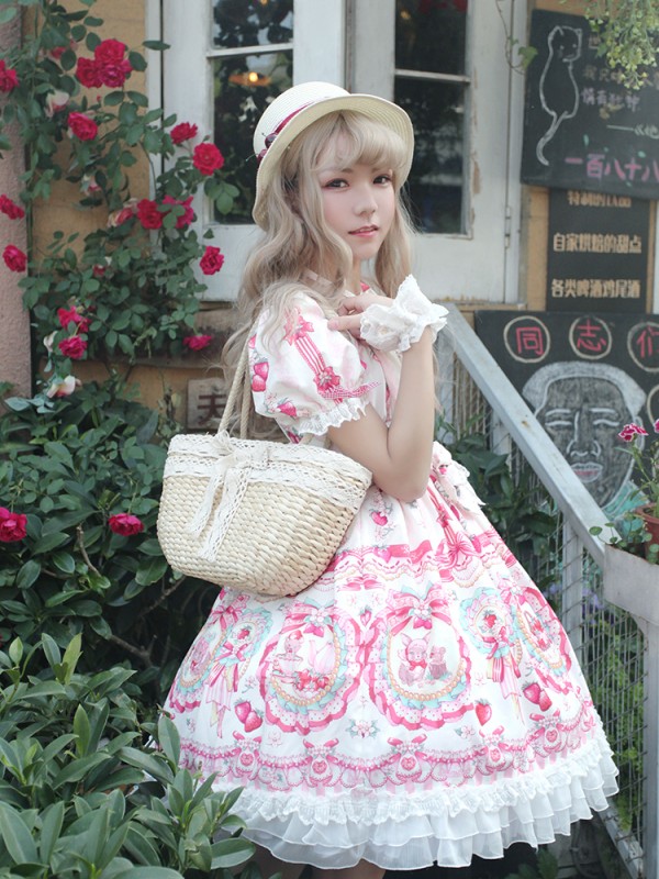 Sweet Strawberry Rabbit Print Short Sleeve Lolita One-piece OP