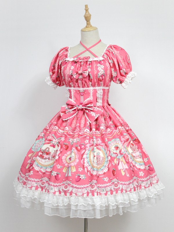 Sweet Strawberry Rabbit Print Short Sleeve Lolita One-piece OP