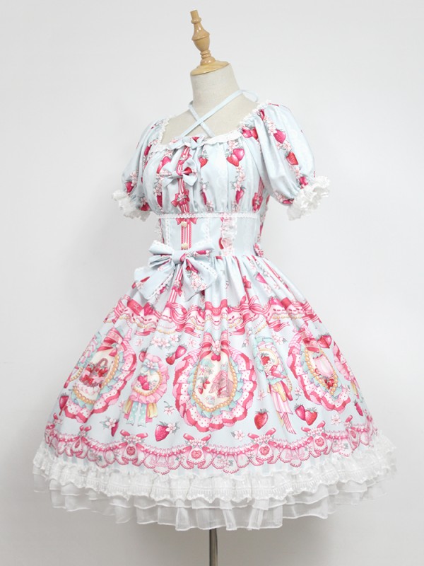 Sweet Strawberry Rabbit Print Short Sleeve Lolita One-piece OP