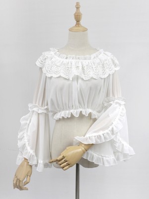 Chiffon Long Trumpet Sleeve Short Blouse