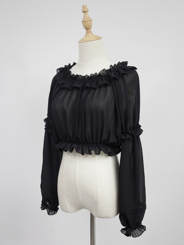 Chiffon Ruffle Collar Long Sleeve Short Blouse